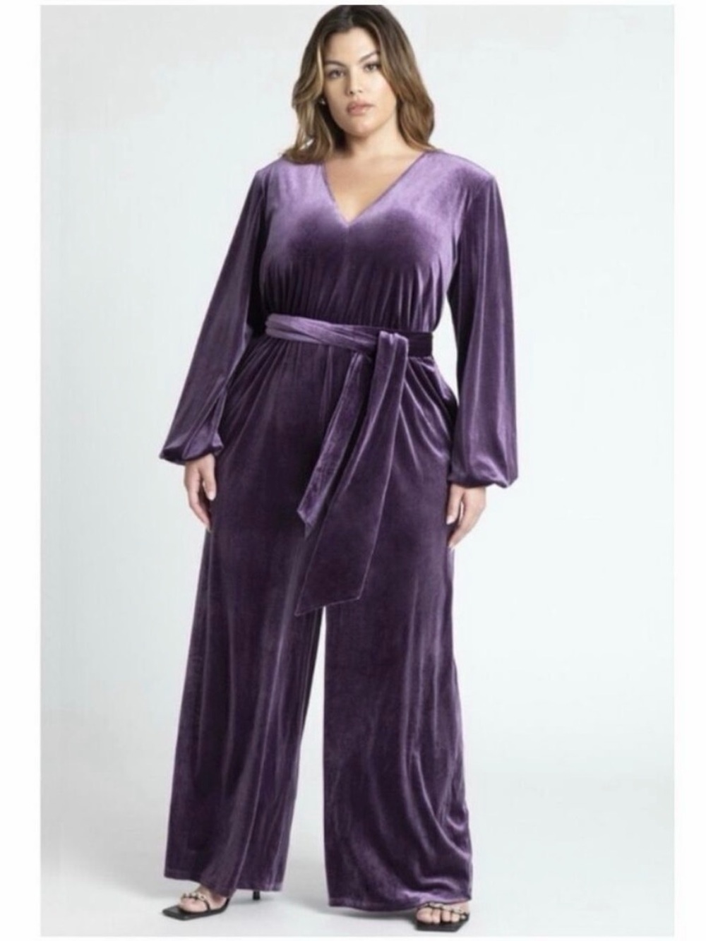 Eloquii Purple Velvet V-Neck Tie Waist Wide Leg Jumpsuit Size 18 - Picture 2 of 4